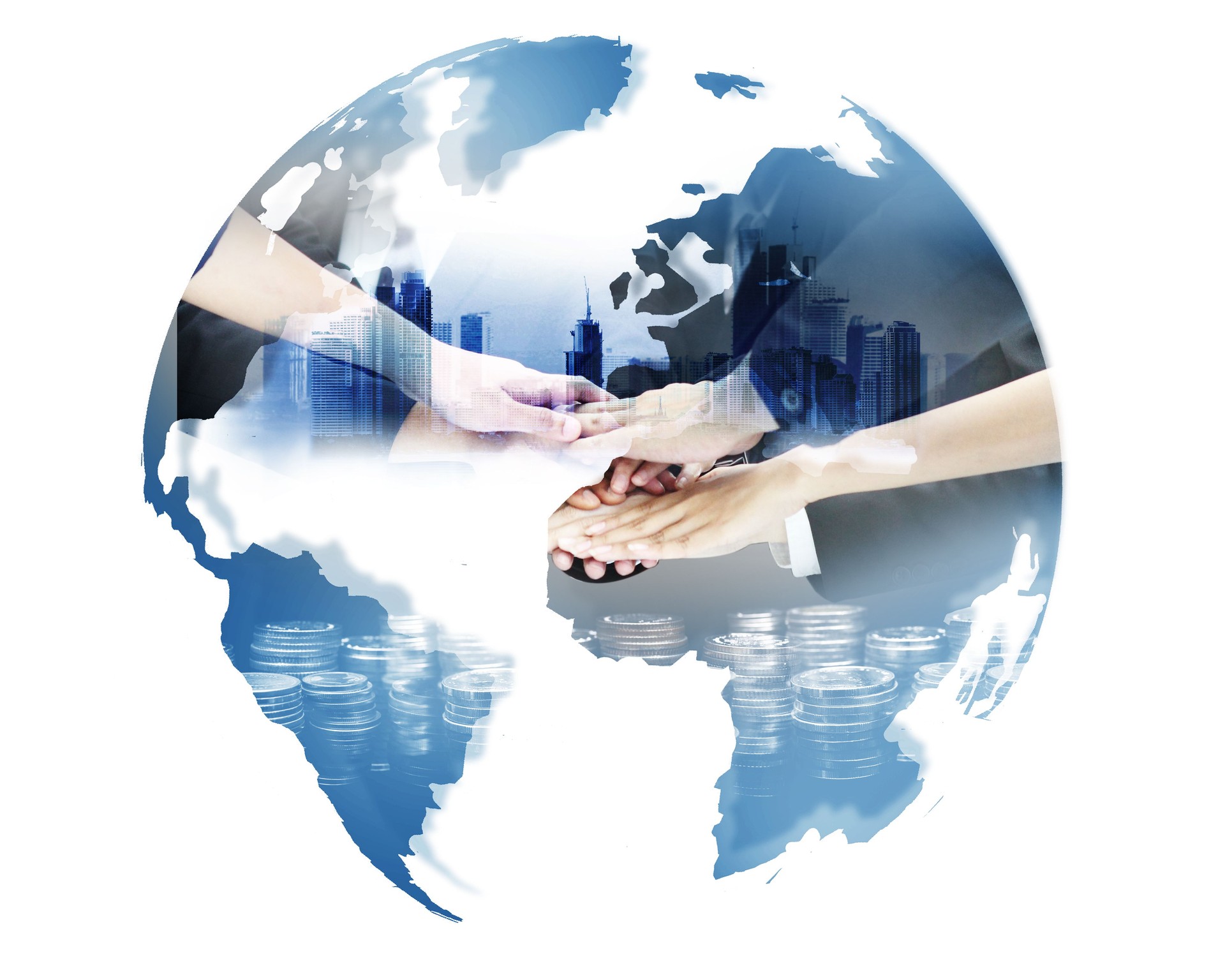 Double exposure of business teamwork  of The world International financial consulting and rows of coins for finance and banking concept with business background.
