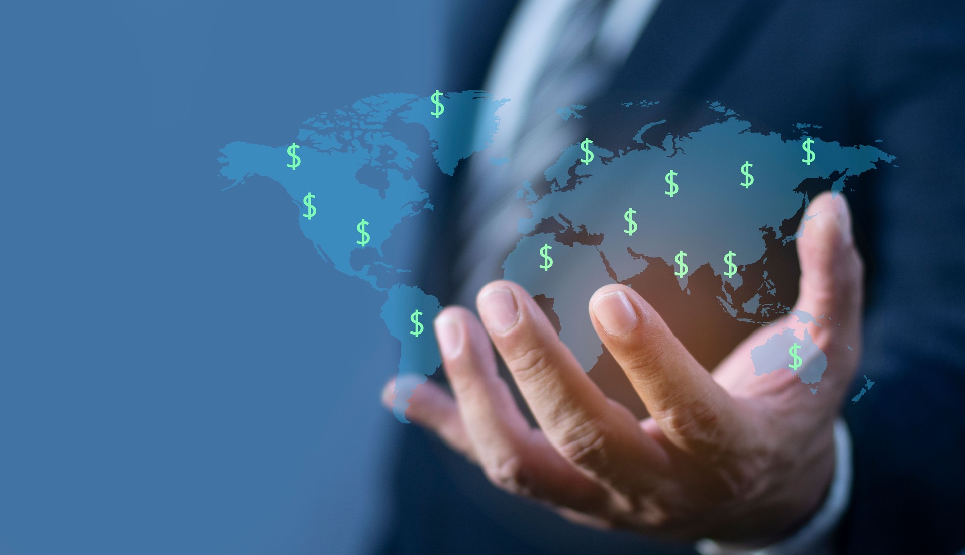 Businessman holding virtual world map and dollar sign. Global business man and Global currency concept, money, finance