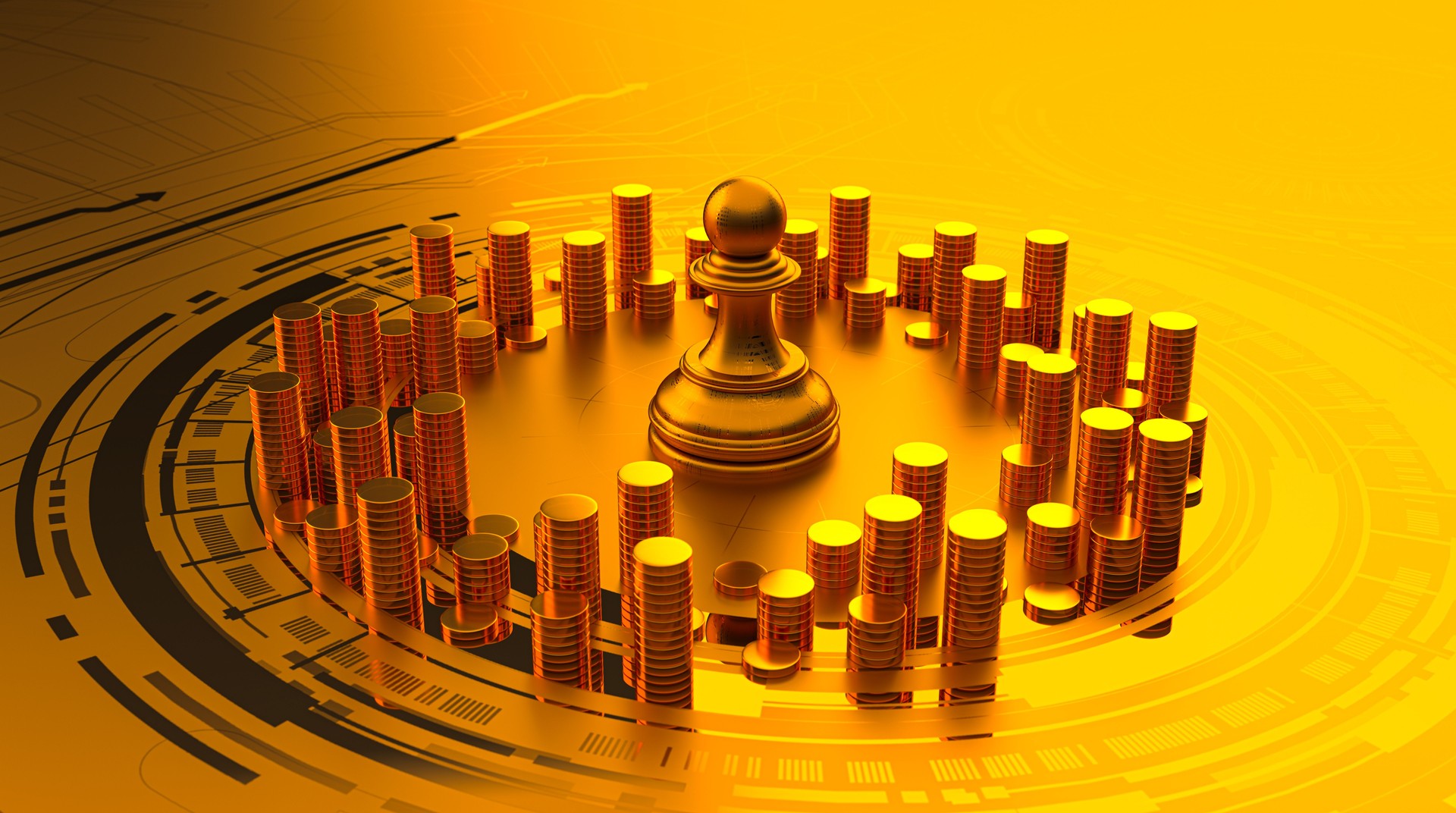 Investment Management and Portfolio Diversification on Gold Chessboard with Surrounding Gold Coins – 3D Rendering